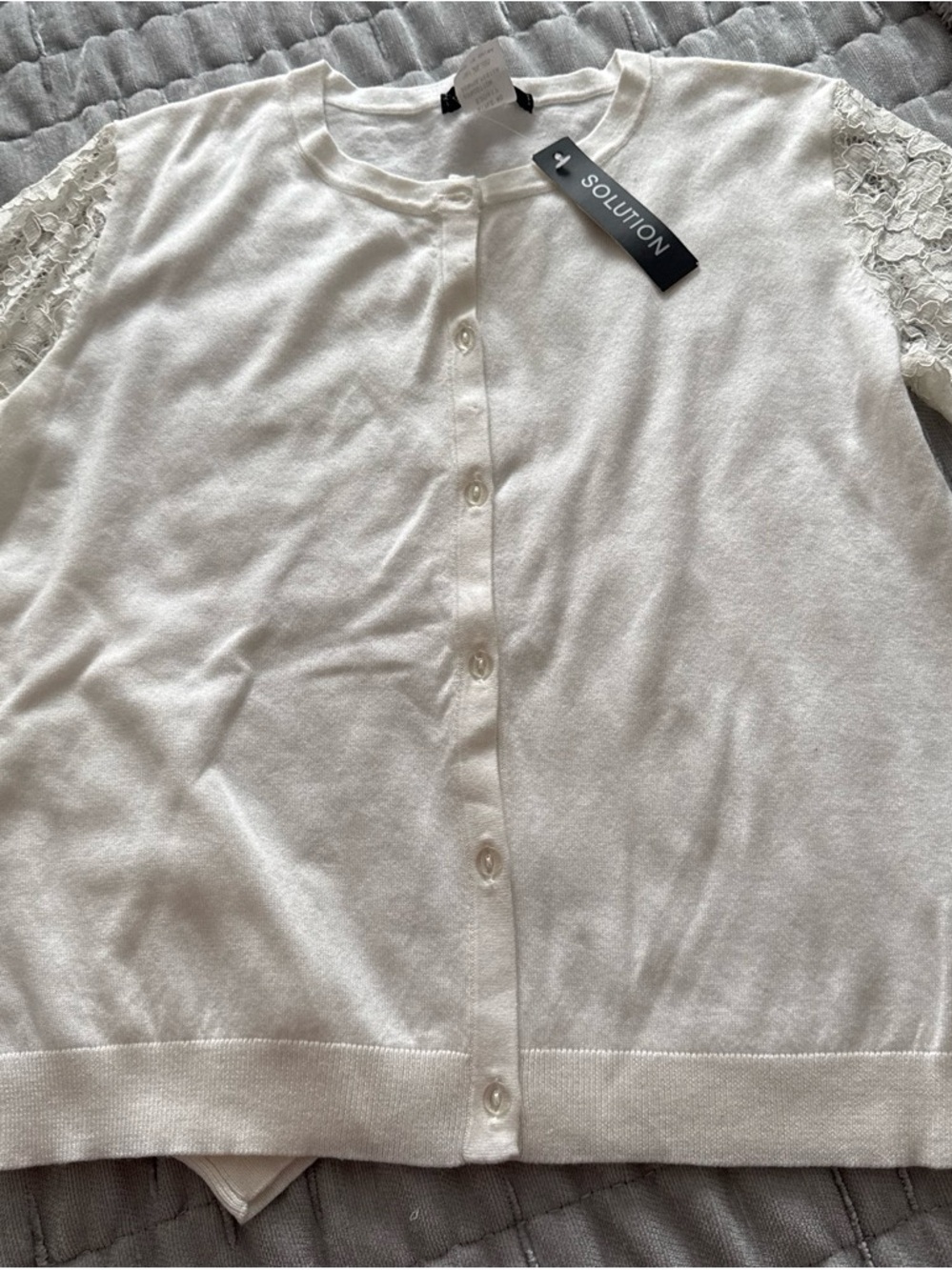 Solution White Lace-Sleeve Button-Front Cardigan - Women
